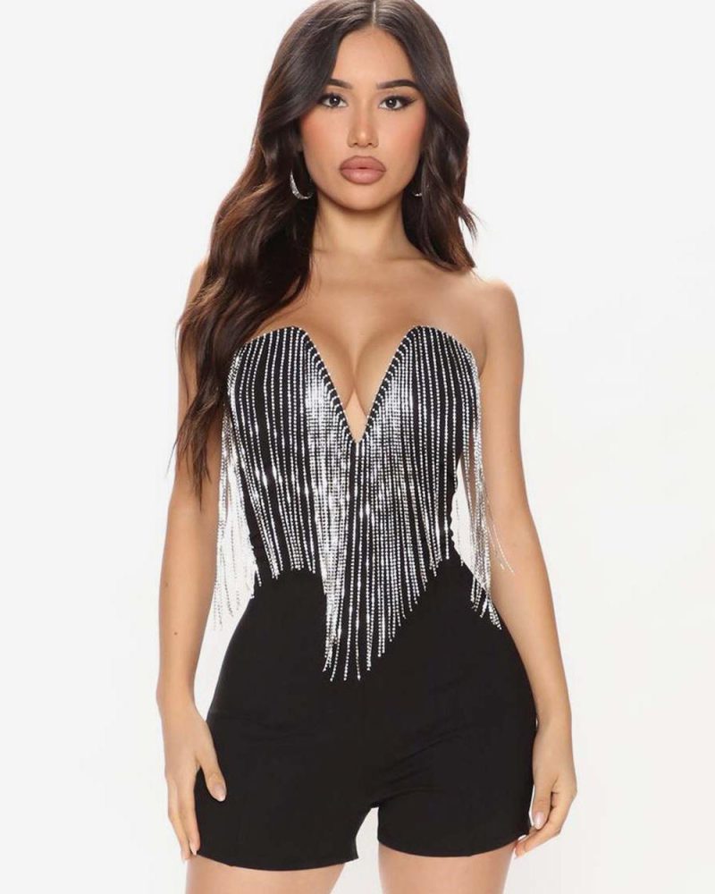 Jumpsuit Polyester V-Neck Fringe Sleeveless Adult's Clubwear