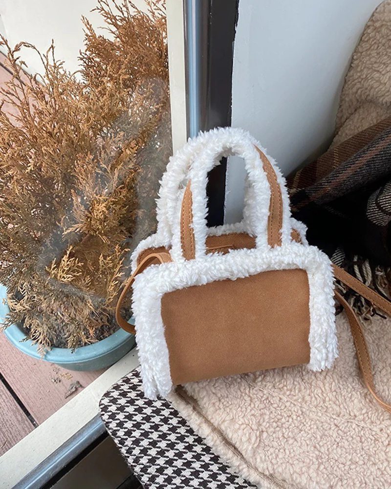Lambswool Designer Small Soft Plush Fashion Wide Strap Mini Bag