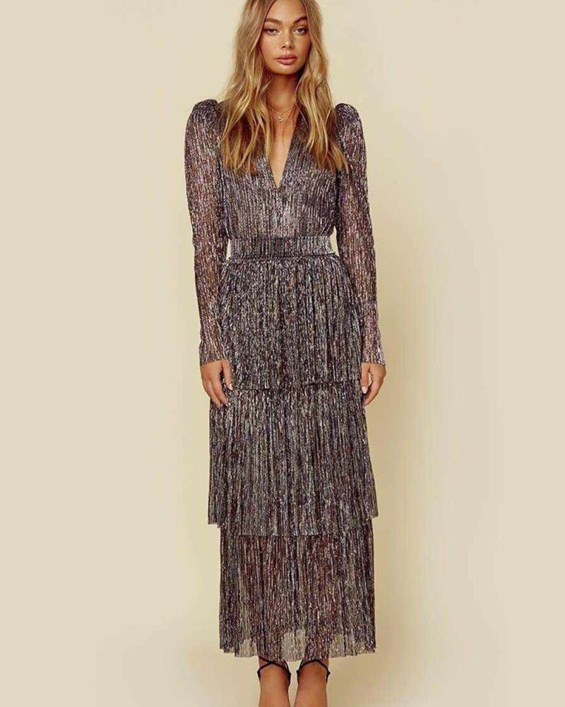 Party Gray V-Neck Long Sleeves Layered Semi Formal Dress