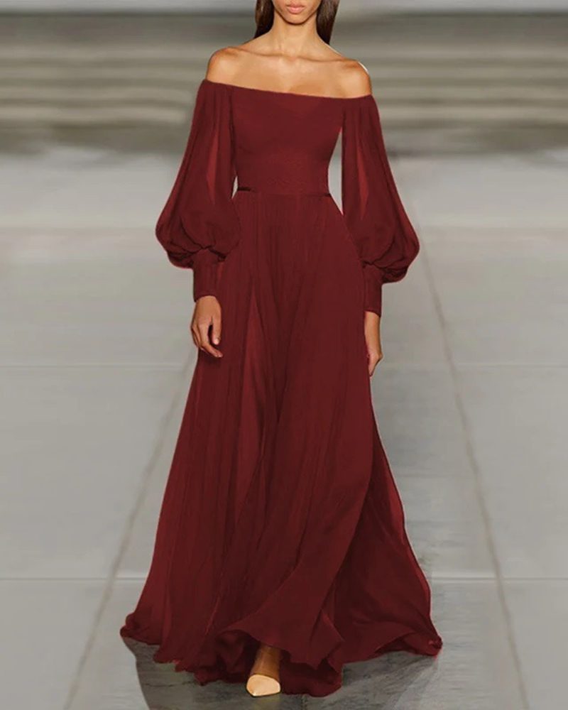 Retro A-Line Solid Slash Neck Off Shoulder Lantern Sleeve Party Maxi Dress