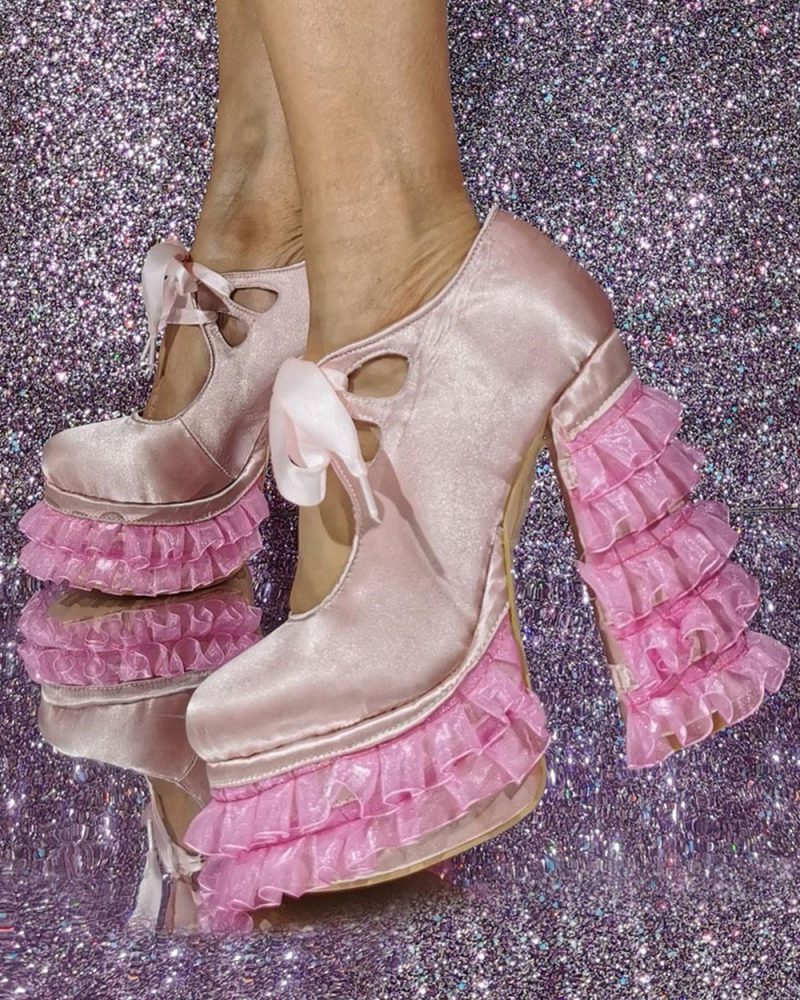 Satin High Heels Pink Platform Lace Detail Pumps