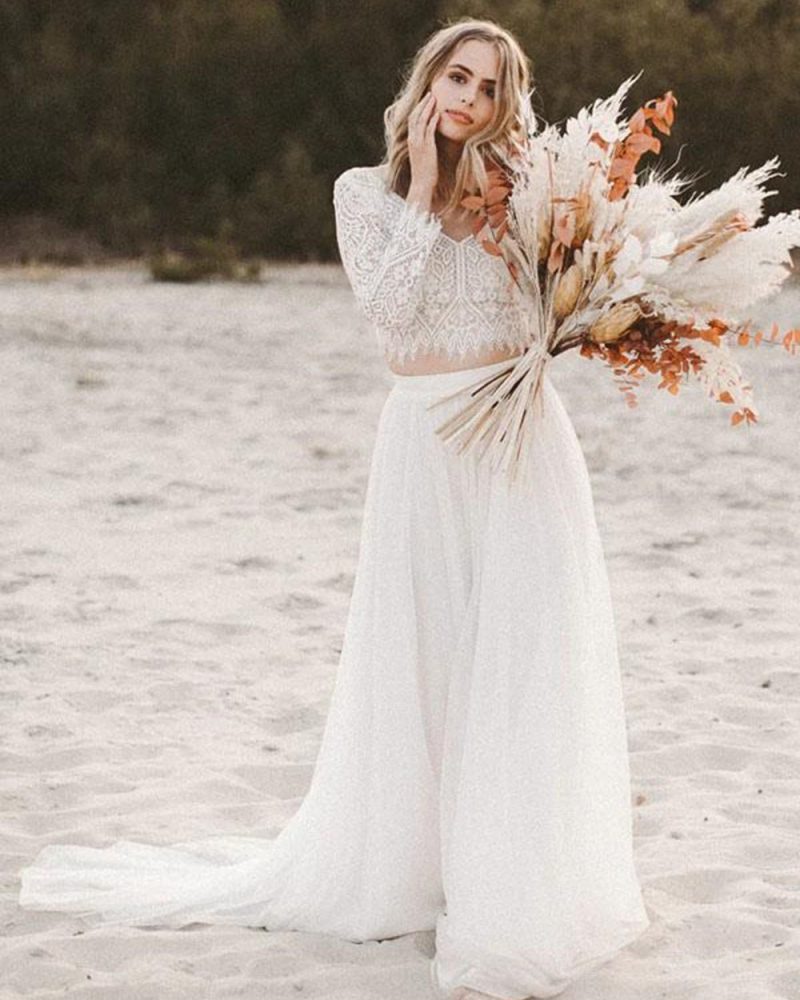 Two-piece Wedding Dress A-Line Floor-Length Backless Long Sleeves