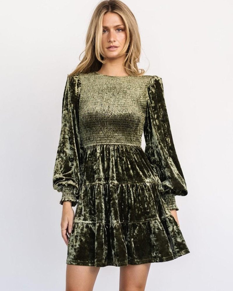 Velvet Ruffles Daily Casual Long Sleeves Jewel Neck Spring Short Mini Dresses