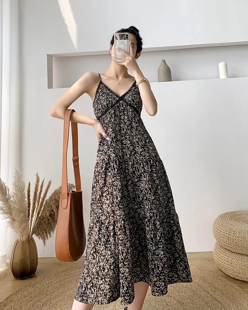 Vintage Floral Print High Waist Medium Long V-neck  Beach Party Spaghetti Strap Dresses
