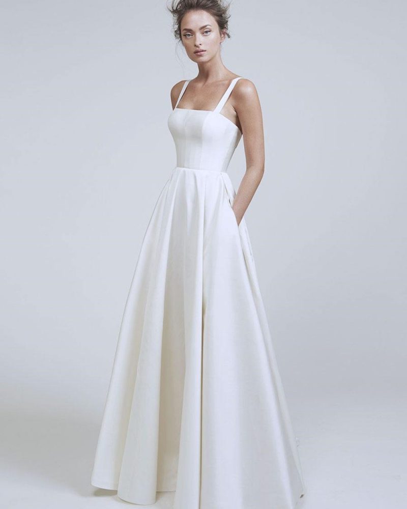 Vintage Wedding Dresses Square Neckline Court Train Sash Bridal Dress