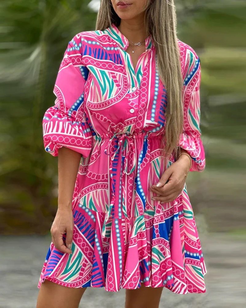 Waist Lace-Up Boho Retro Flare Sleeve Geometric Print Stitching Ruffle Mini Dress