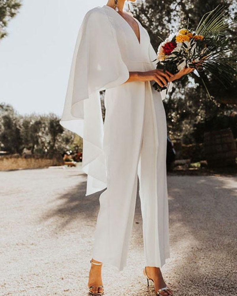 Wedding Jumpsuit A-Line V-Neck Half Sleeves Bridal Jumpsuits