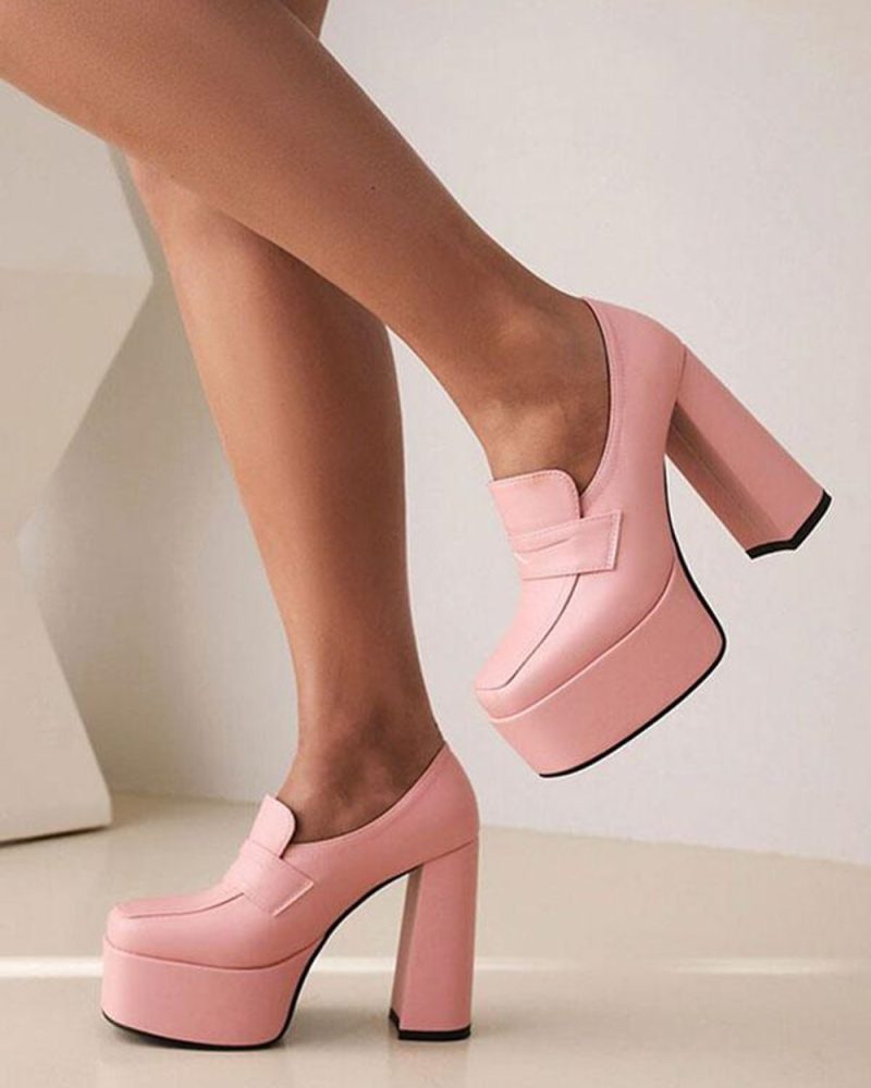 Women's High Heels Classic Pumps Round Toe Platform Chunky Heel Penny Loafers