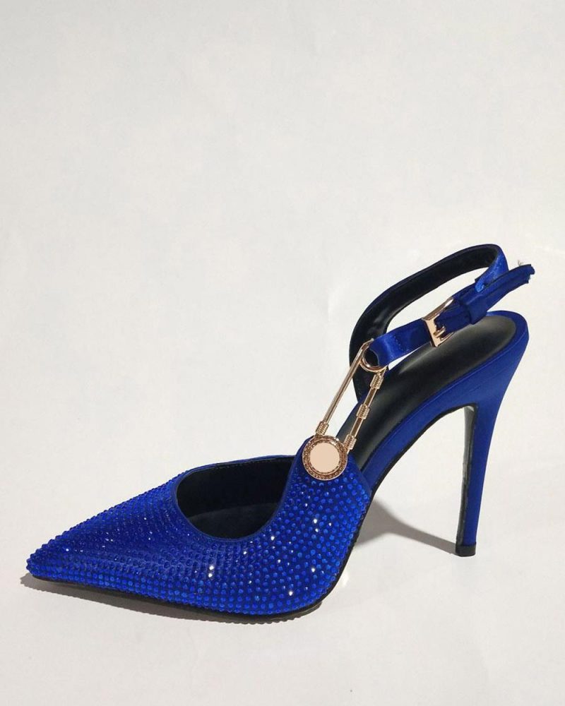 Women's Slingback Pumps Pointed Toe Rhinestones Chain Detail High Heel Party Shoes