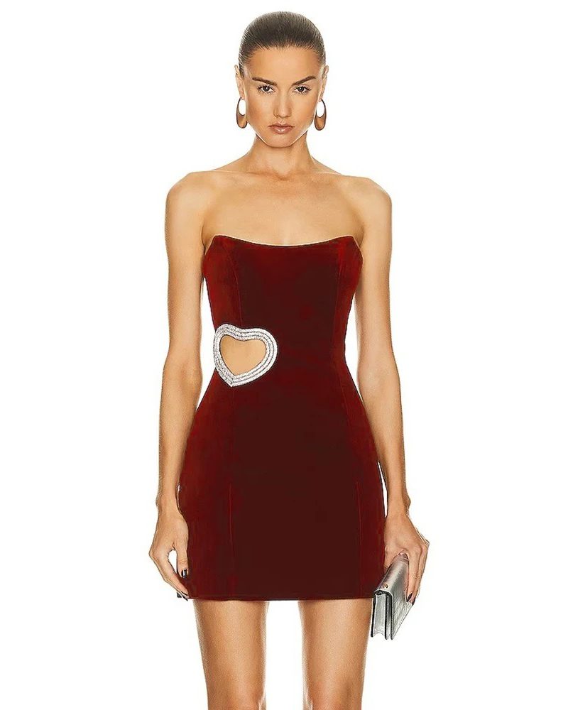 Women's Strapless Hollow Diamond Heart Luxury Tight Mini Dress Elegant Evening Party Dress