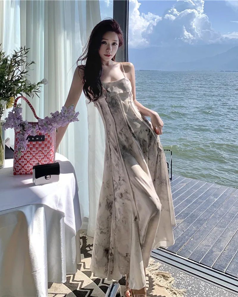 brush painting backless slim vintage spaghetti sling boho long dresses