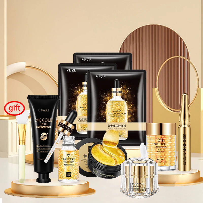 10 Pcs Skin Care Set 24K Gold Nicotinamide Face Essence Caviar Cream Moisturizing Face Mask Brighten Eye Cream Crystal Eye Patch