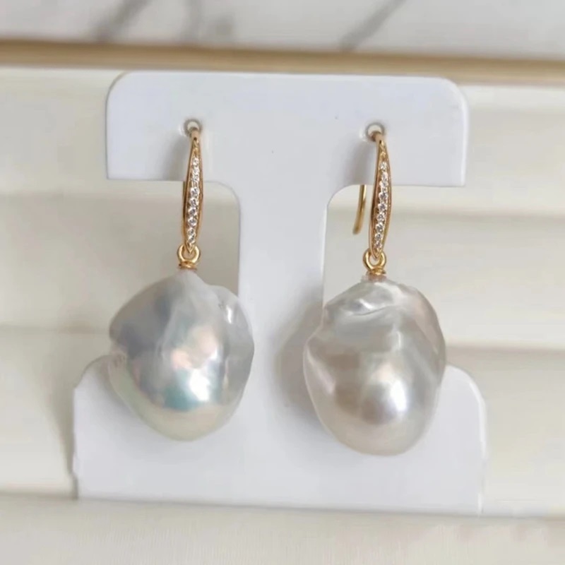 14K Gold Filled Zircon Inlaid Baroque White Pearl Drop Earrings