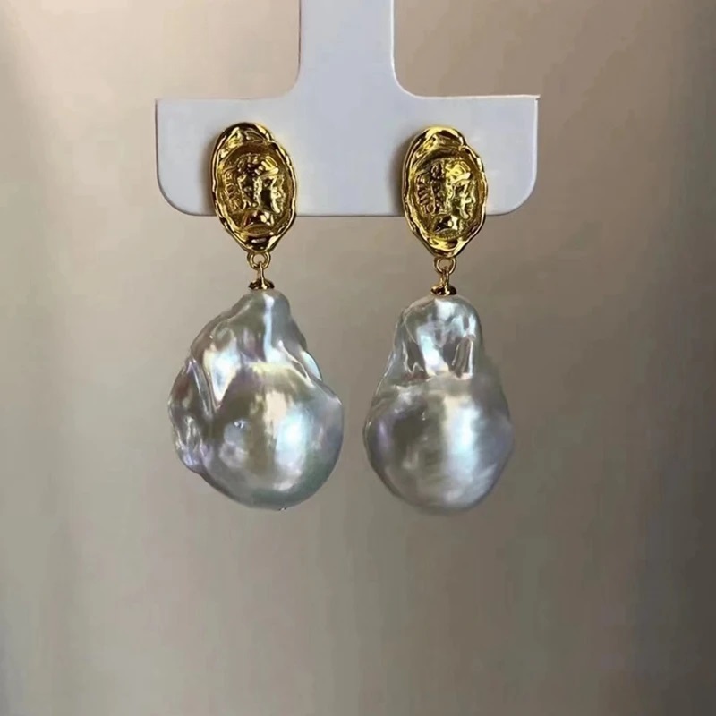 Baroque Pearl Earrings Retro Court Gold Coins Queen Head Jewelry