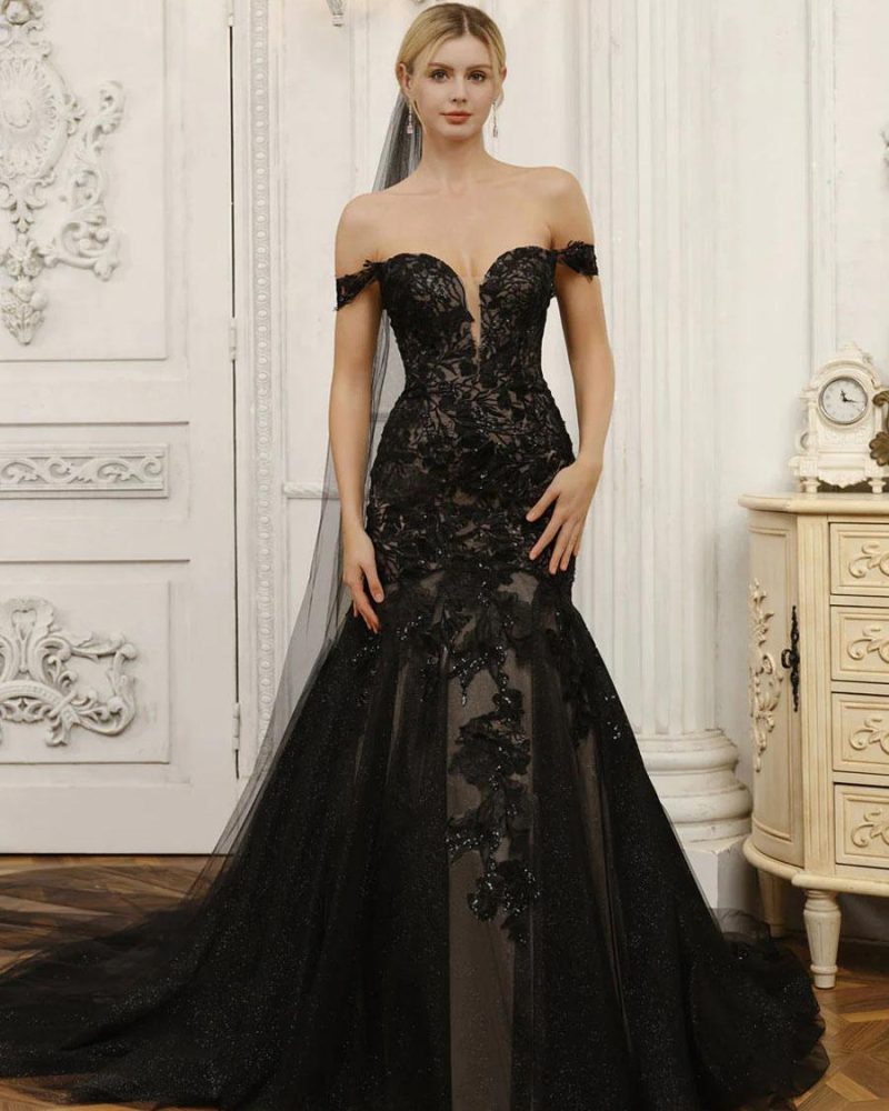 Black Wedding Dresses Mermaid Lace With Train Bridal Dress