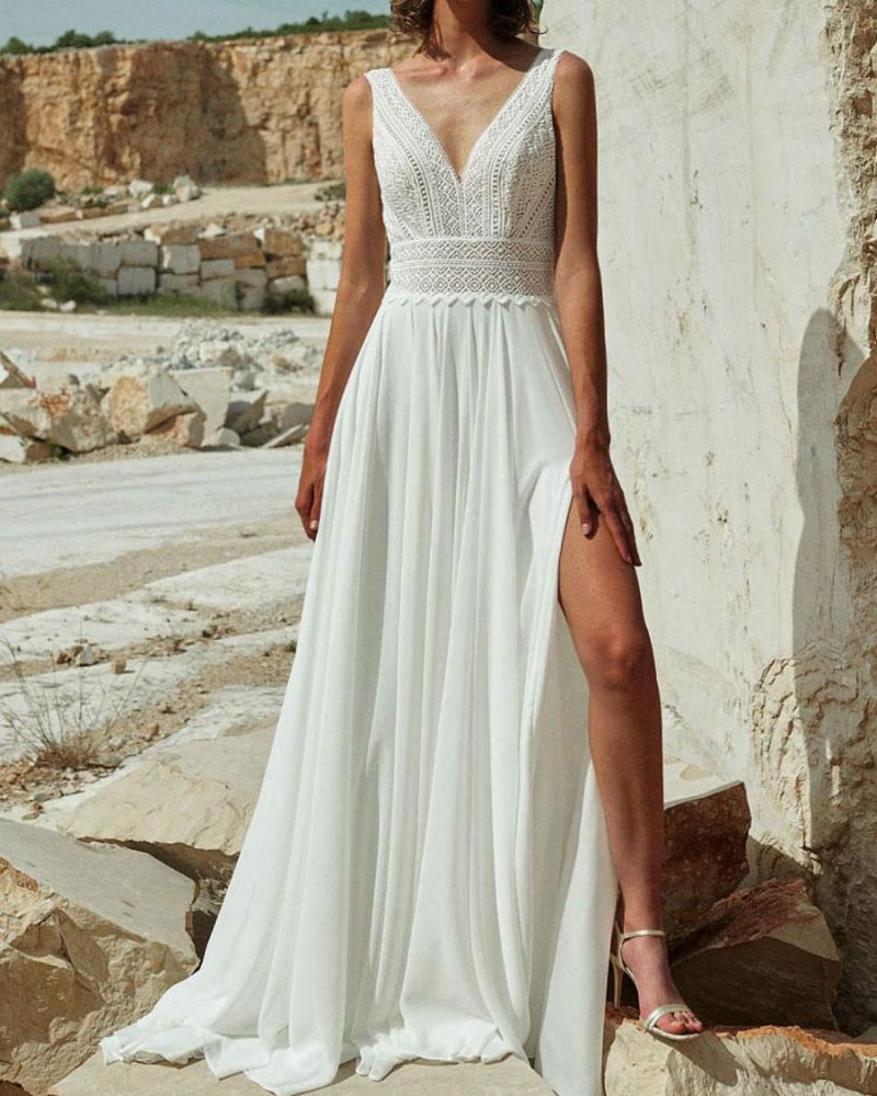 Boho Wedding Dress Chiffon Split Front Backless Sleeveless V-Neck Bridal Dresses