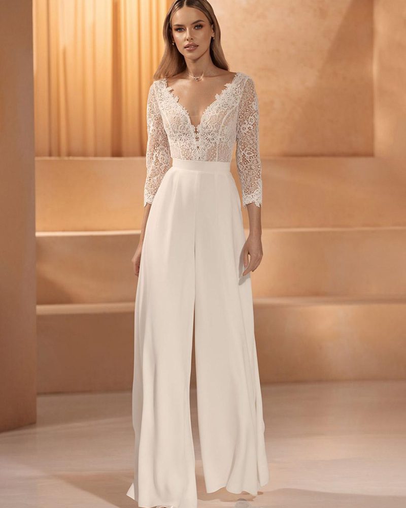 Bridal Jumpsuit Lace Floor-Length Jumpsuit V-Neck Natural Waist