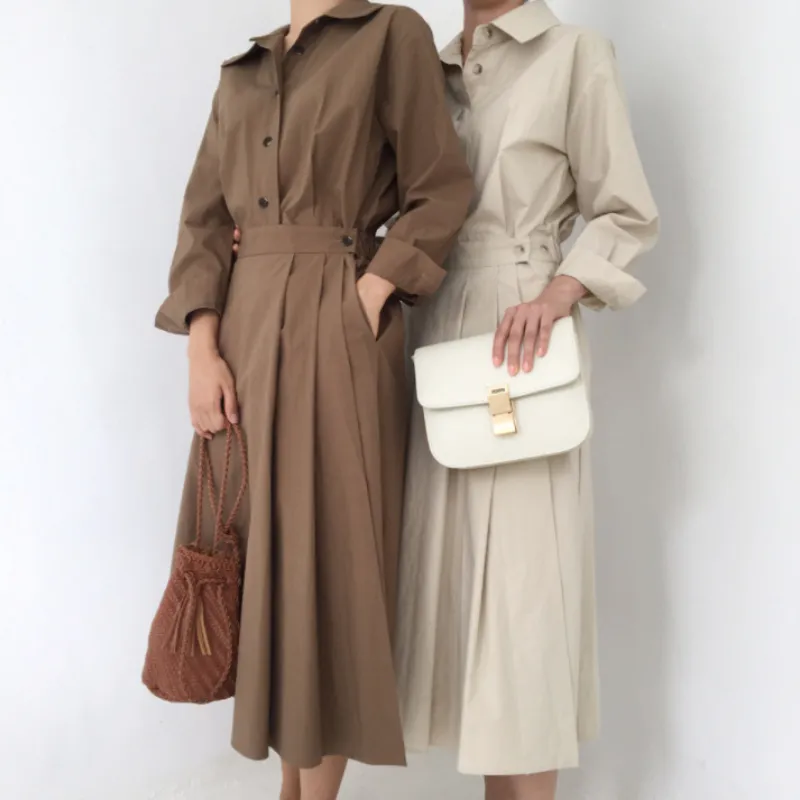 Chic Midi Shirt Dress Button Turndown Neck Slim Belt A-line Casual Dress Elegant Clothes