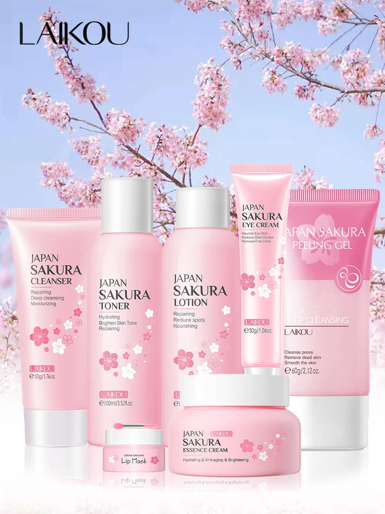 Face Skin Care Set Cherry Blossom Essence Moisturizing Collagen Eye Cream Exfoliating Gel Cleanser Lip Mask Beauty Set