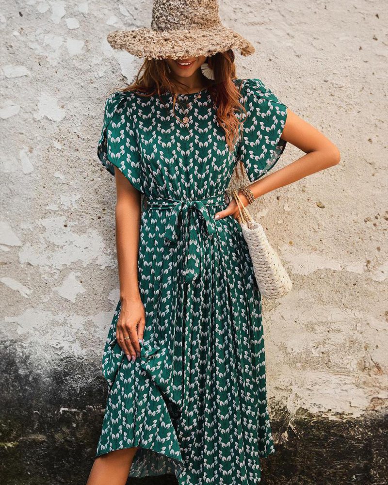 Floral Midi Dress Stretch Sash Jewel Neck Short Sleeves Bohemian