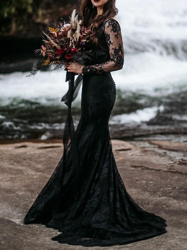 Gothic Wedding Dresses Mermaid Long Sleeves Lace With Train