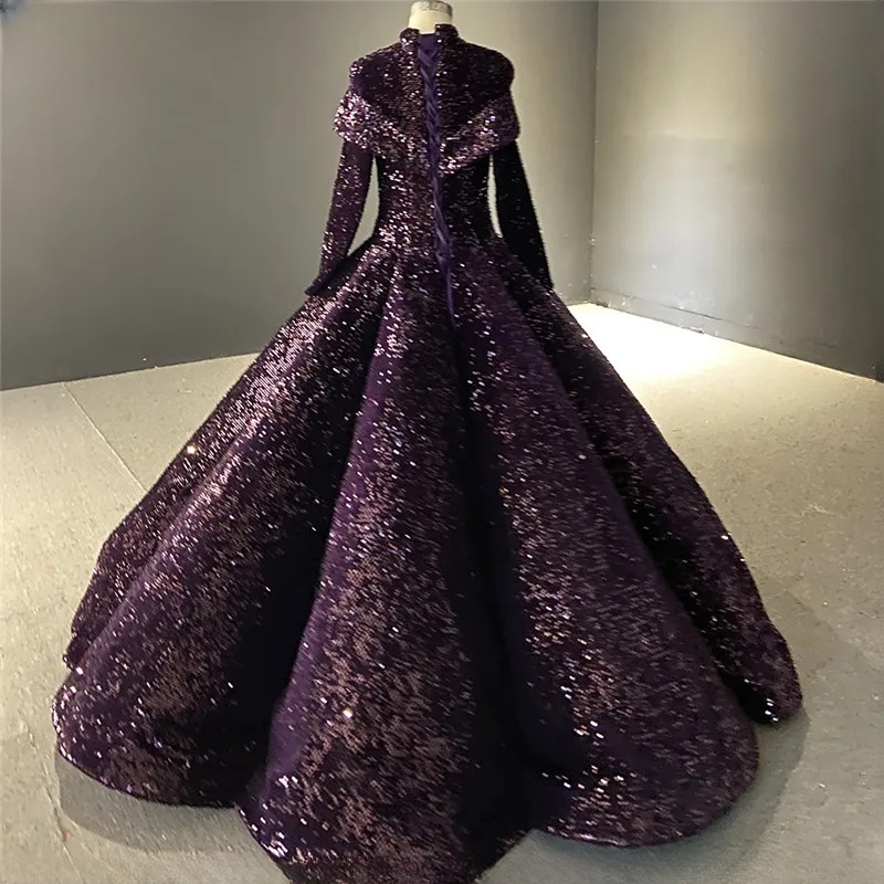 High Neck Luxury Wedding Dress Sequins Long Sleeves Sparkle Bridal Gown