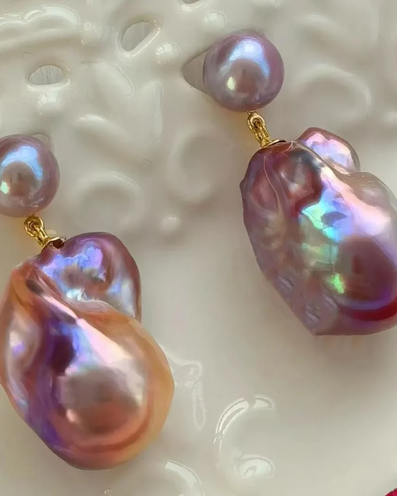High Quality Natural Color Heteromorphic Pearl Aurora Oil Painting Baroque Unique and Beautiful Earrings