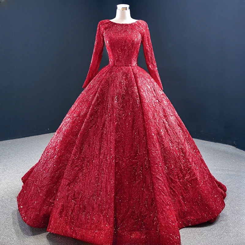 Luxury Ball Gown Wedding Dress Design Long Sleeves Sequined Beading Bridal Gown