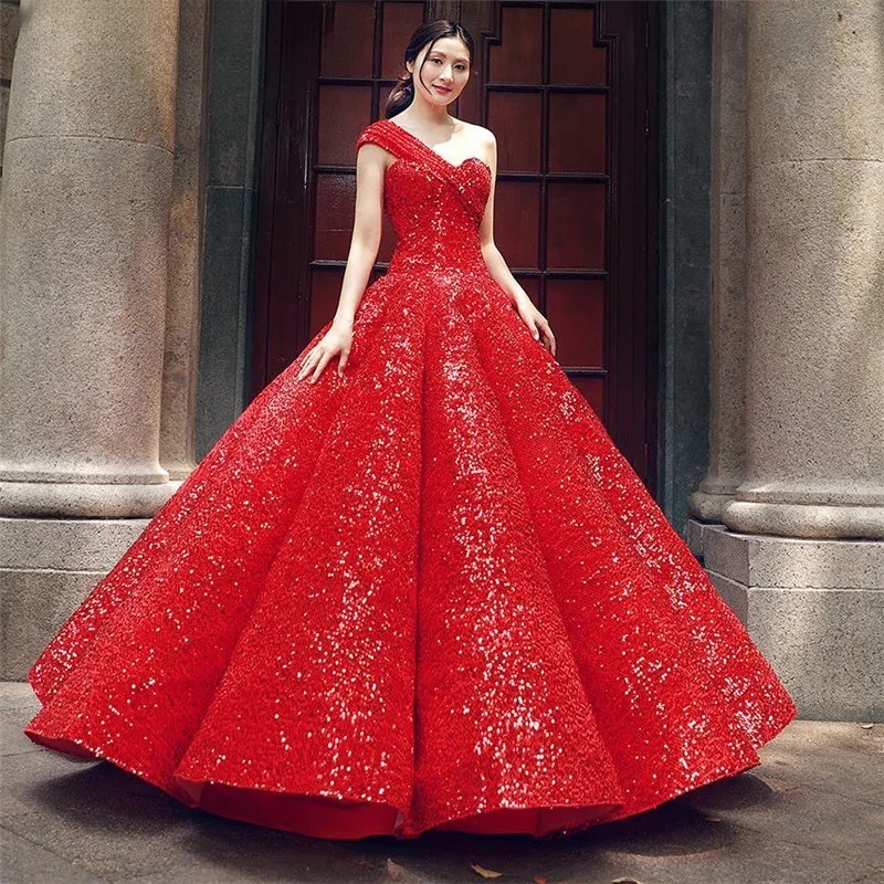 Luxury Sequins Wedding Dress One Shoulder High-end Vintage Bridal Gown