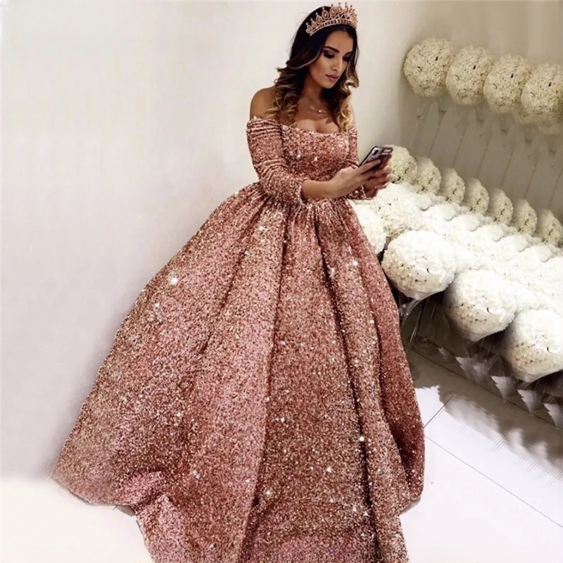 Luxury Wedding Dress Sequins Long Sleeves Bridal Gown