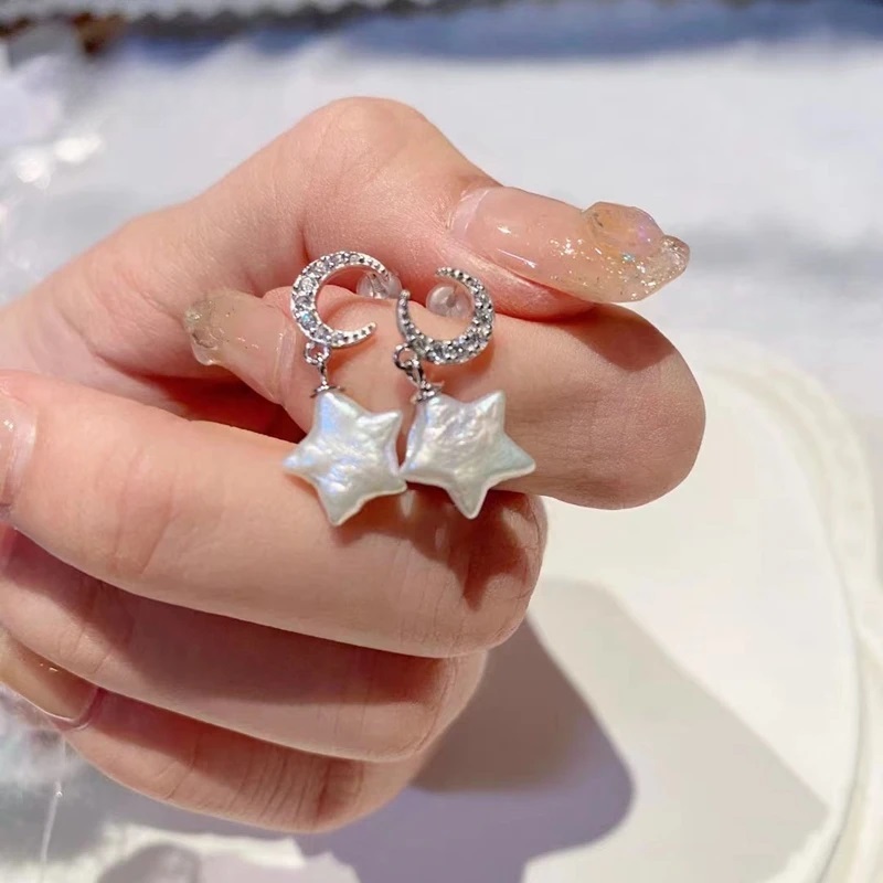 Natural Fresh Water Irregular Star Pearl Sterling Silver Zircon Moon Baroque Earrings