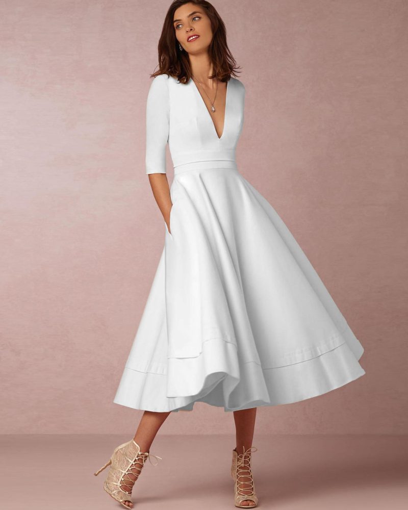Plunge Midi Dress Half Sleeves Pockets A-Line Prom Dresses