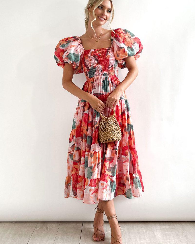 Print Midi Dresses Floral Print Layered Pleated Backless Bohemian