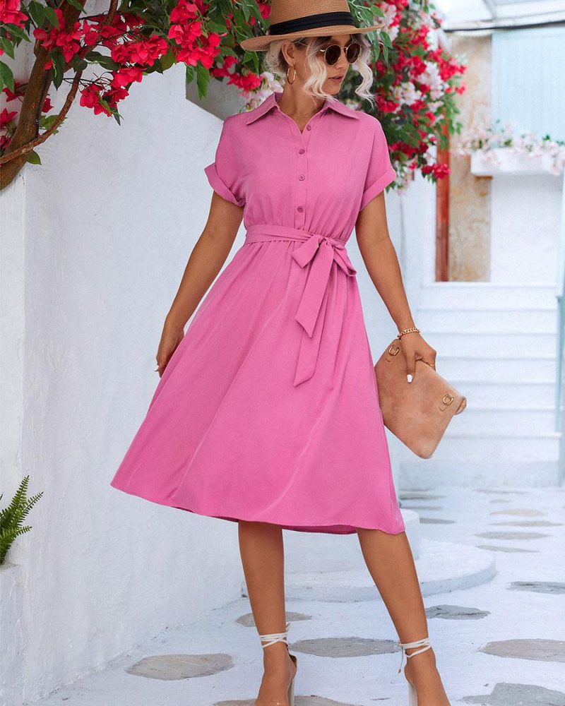 Shirt Midi Dress Turndown Collar Buttons Short Sleeves Shirt Dresses-2 Shirt Midi Dress Turndown Collar Buttons Short Sleeves Shirt Dresses