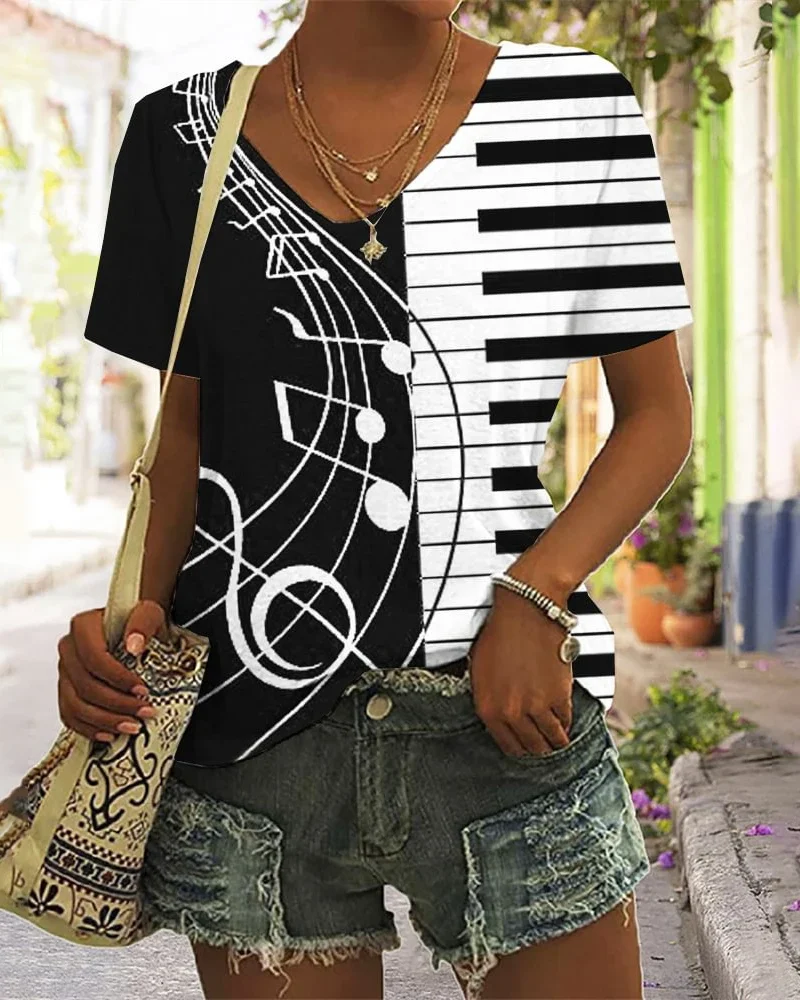 Women V Neck T-Shirts Musical Instrument Graphic Fashion Oversized Casual t-shirt