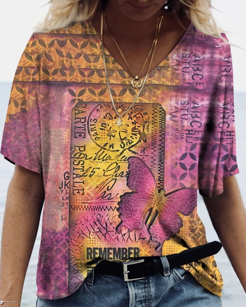 Women's T-Shirt Vintage Casual Fashion Butterfly Print Loose Daily Design Clothing