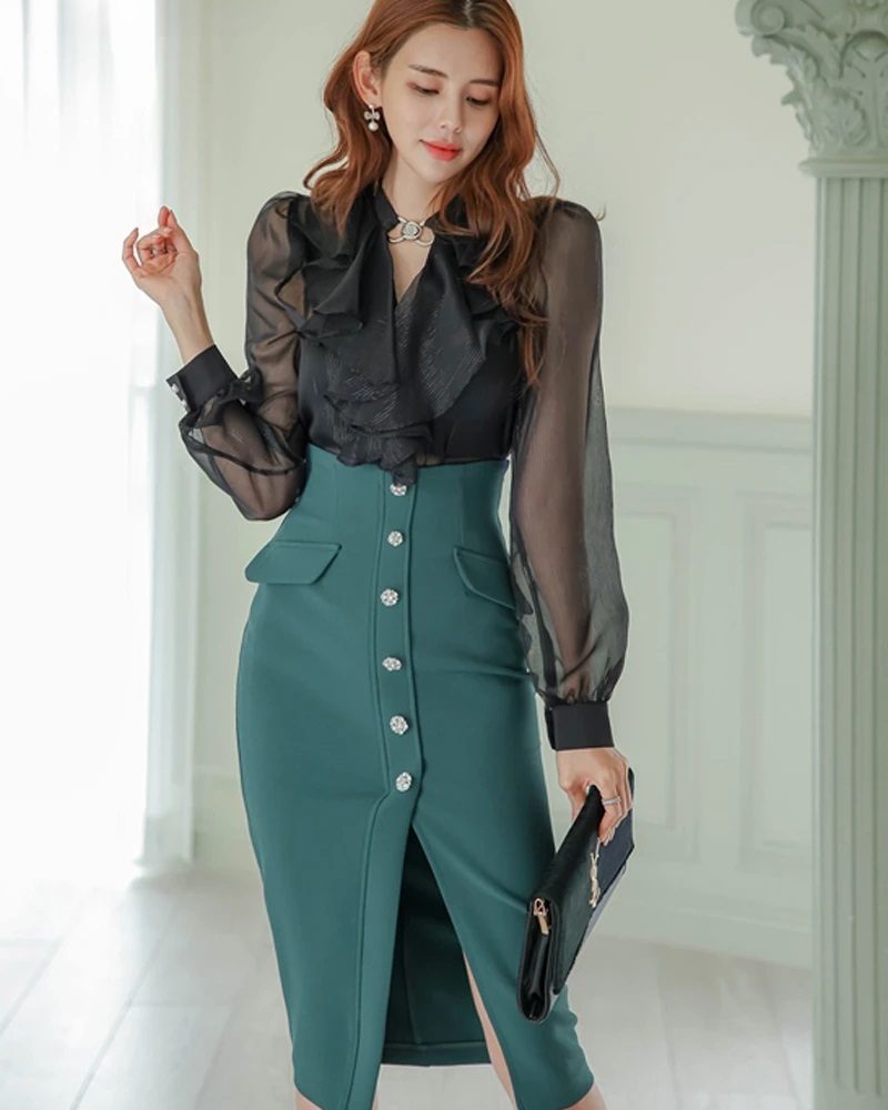 2 Pieces Skirts Set Long Sleeve Ruffles Shirts High Waist Single-breasted Hip Skirts
