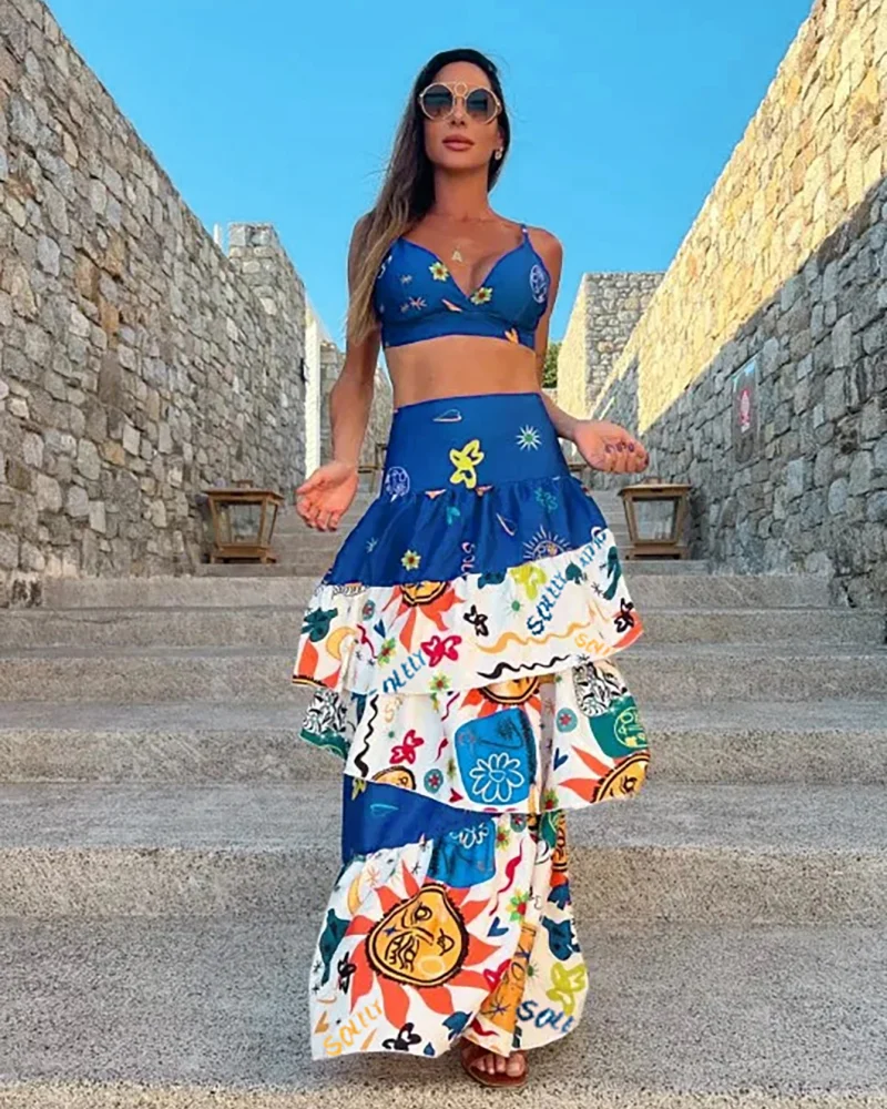 Two-piece Skirt Suit Straps Tube Top Skirt Sweet Printed Bra Naked Waist Chic Beach Dance Robe