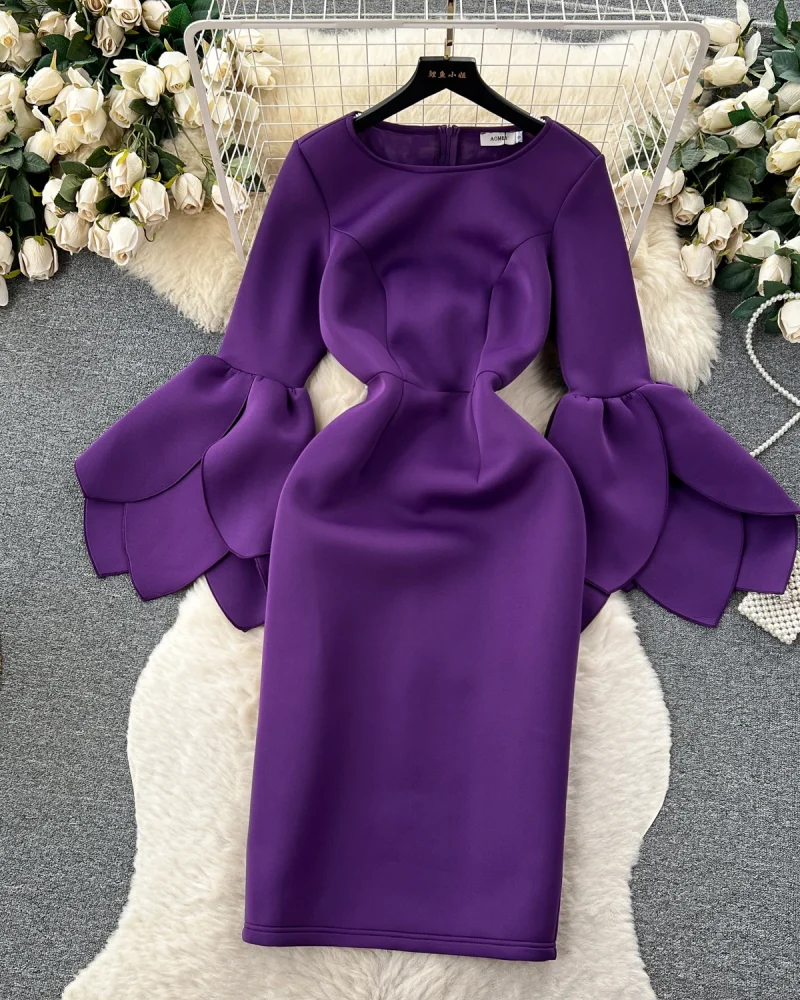 Autumn Fashion Sheath Dress for Women Flare Sleeve O-neck Female
