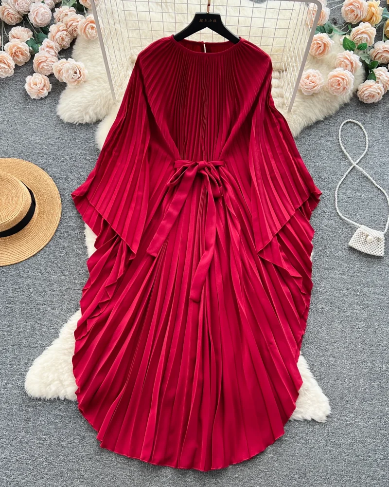 Batwing Sleeve Female Pleated Dress Ladies A-line Lace-up Maxi Dress-1 Batwing Sleeve Female Pleated Dress Ladies A-line Lace-up Maxi Dress