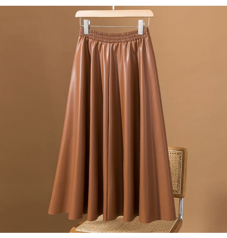 Classic Style Faux Leather with Elastic Waist in Vintage A-Line Skirt