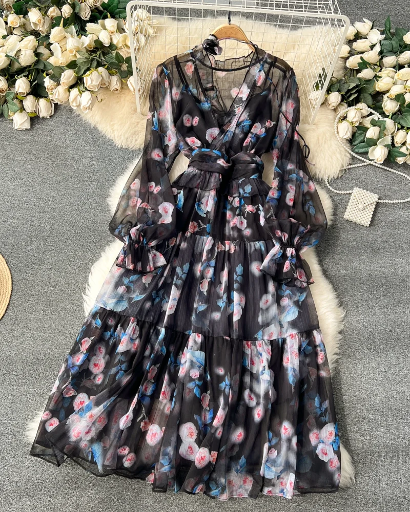 Elegant Chiffon Dresses Women Printed Lantern Sleeve V-neck 3D Floral Lace-up Dress