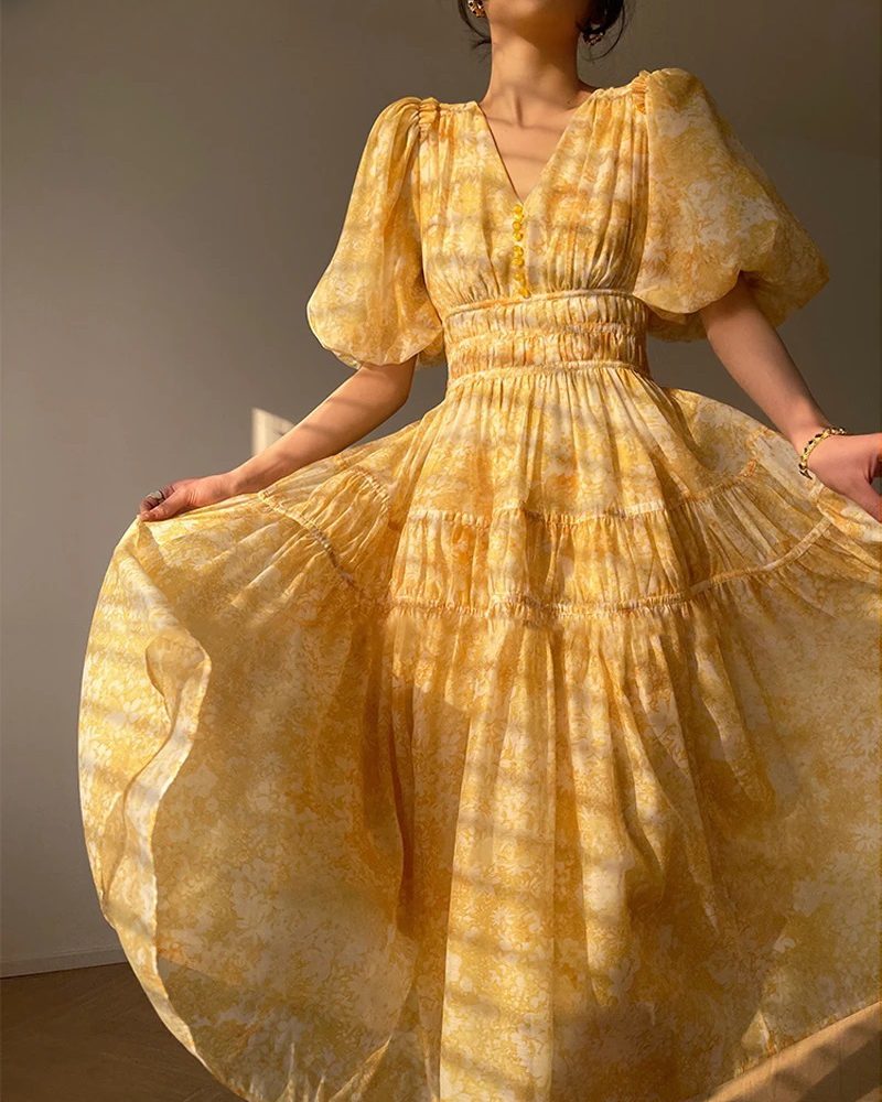 Elegant Elastic Waist Puff Sleeve Slim Floral Printed Vintage Dress