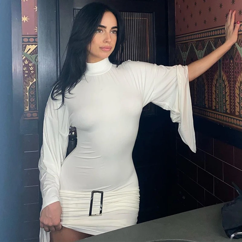 Elegant Flared Sleeves Low Waist Buckle Detail Chic White Bodycon for Special Occasions Mini Dress
