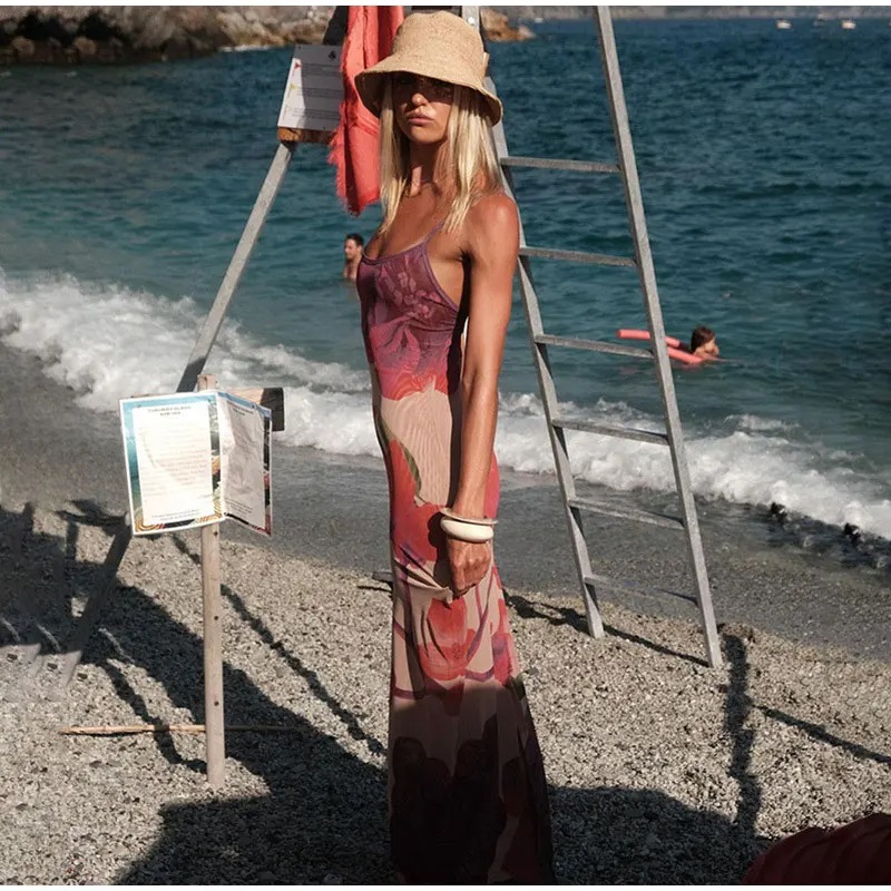 Elegant O-Neckline Maxi Dress Floral Print Sling Style