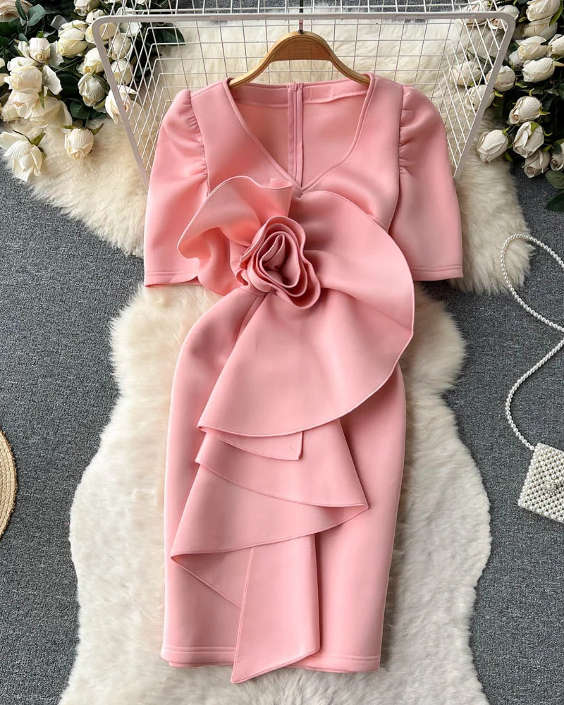 Elegant Party Dresses Femme Ruffled 3D Floral V-neck Short Sleeve