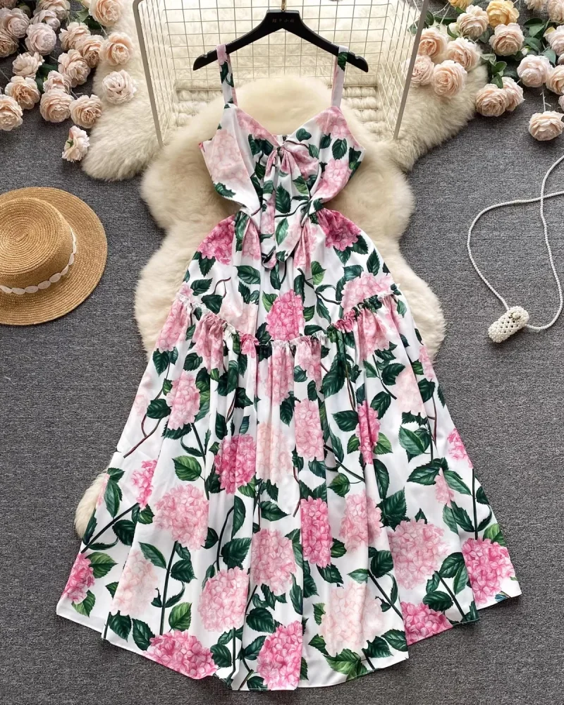 Elegant Spaghetti Strap V-Neck Bowknot Dress Mid-Calf Floral Boho Chic