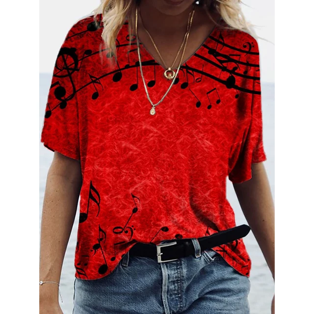Elegant V-Neck Scenery Print Tee – Women's Short Sleeve Spring Top