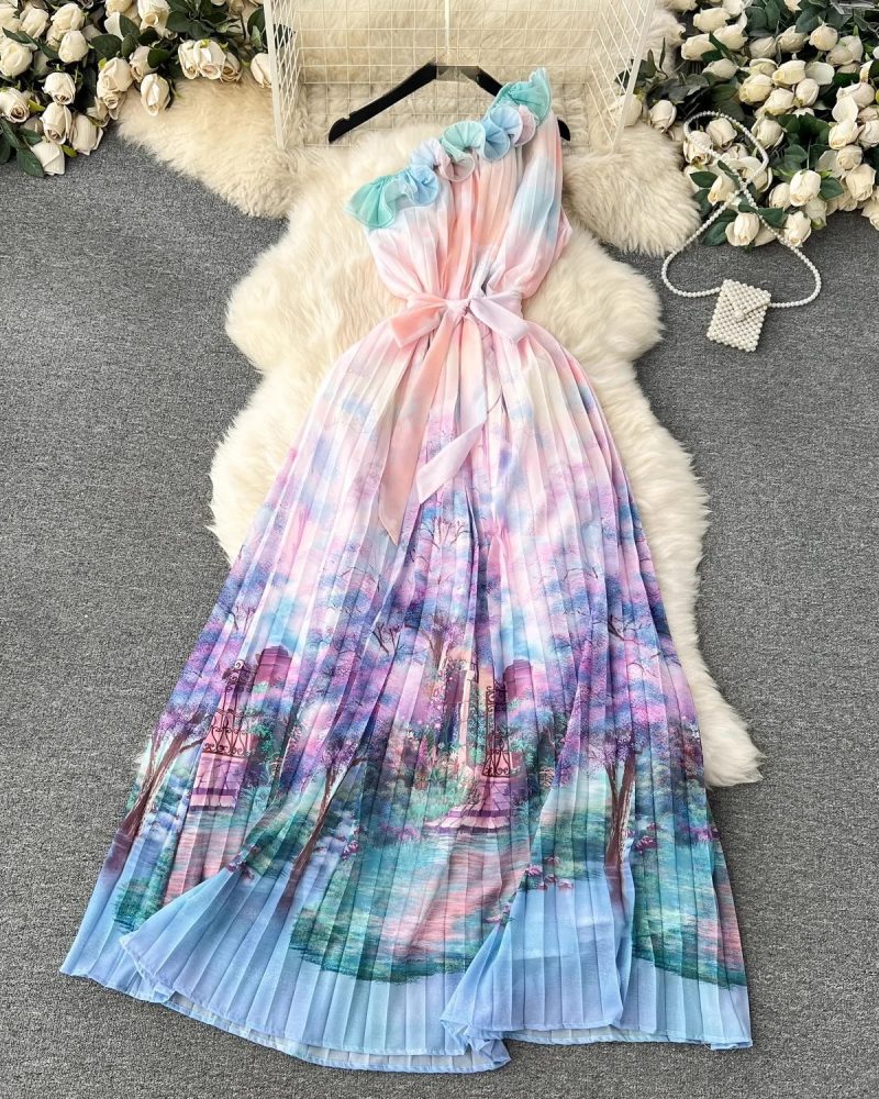 Ethereal Floral Charm Off-the-Shoulder Chiffon Dress with Delicate Ruffles