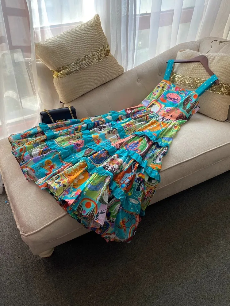 Fashion-Forward Cartoon Print Ruffle Vestidos Elegant Dress Casual Soirees